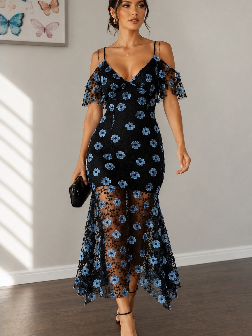 La Maison Talulah Black Blue Floral Embroidered Lace Maxi Dress